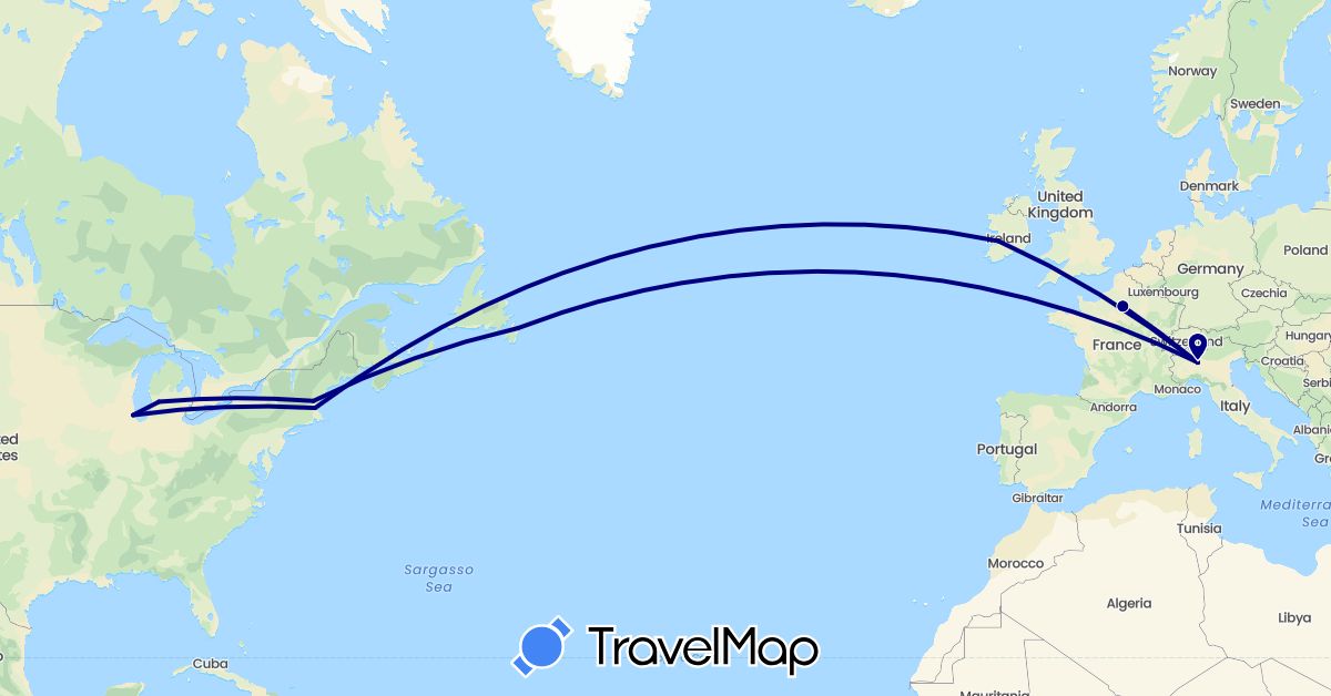 TravelMap itinerary: driving in Canada, France, Ireland, Italy, United States (Europe, North America)